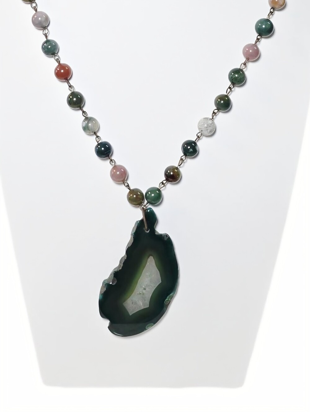 Boho Bohemian Green Agate Slice Pendant Natural Stone Beaded Necklace
